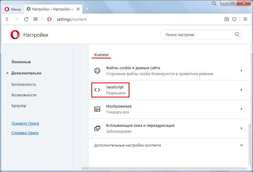 Включение и отключение JavaScript в браузере Opera. Конфиденциальность и безопасность