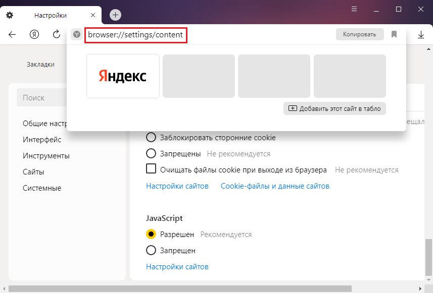 Включение и отключение JavaScript в браузере Яндекс.Браузер. В раздел JavaScript можно зайти через адресную строку браузера